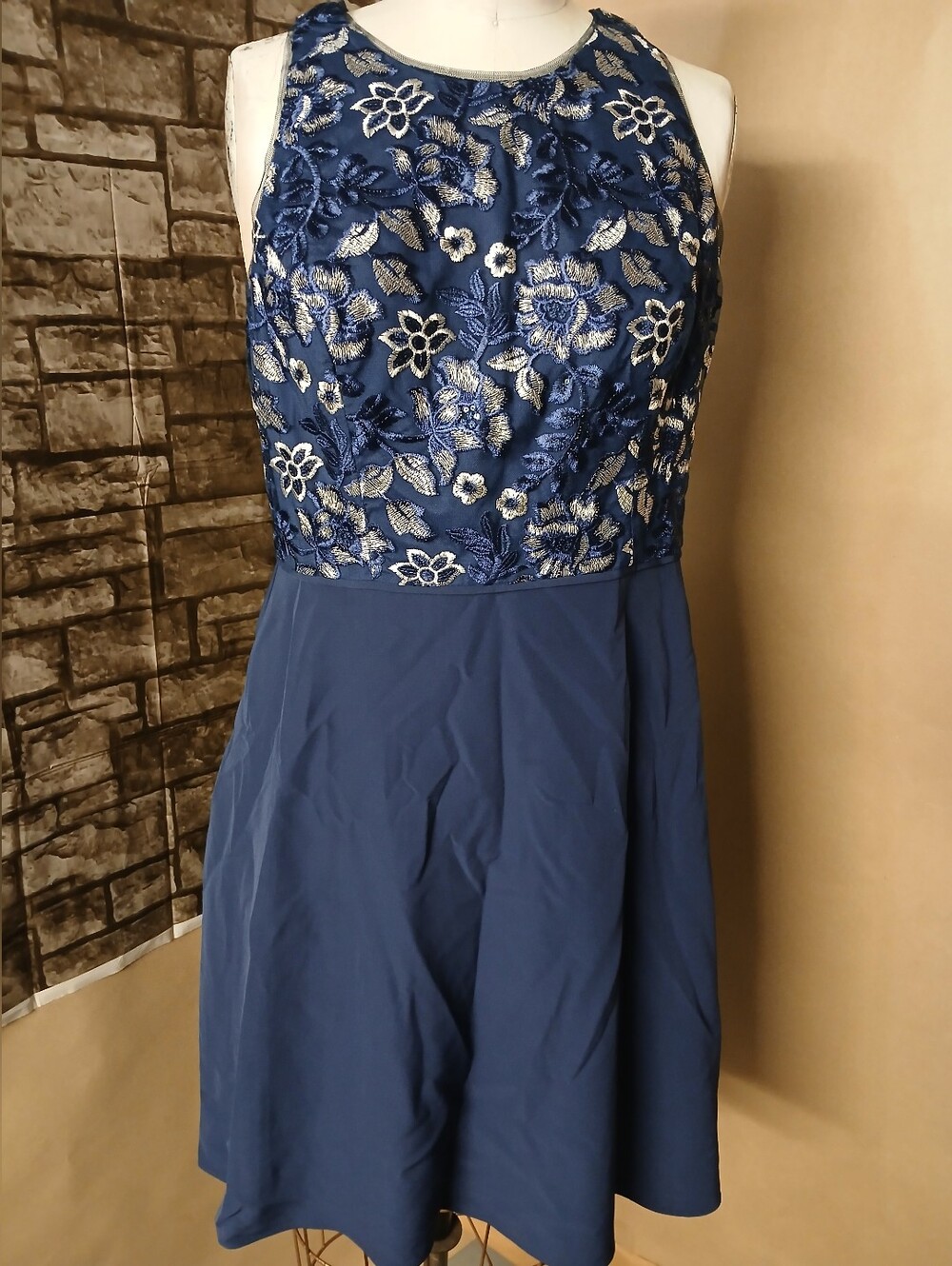 Aiden Mattox  Blue Embroidered Floral Halter Evening Dress